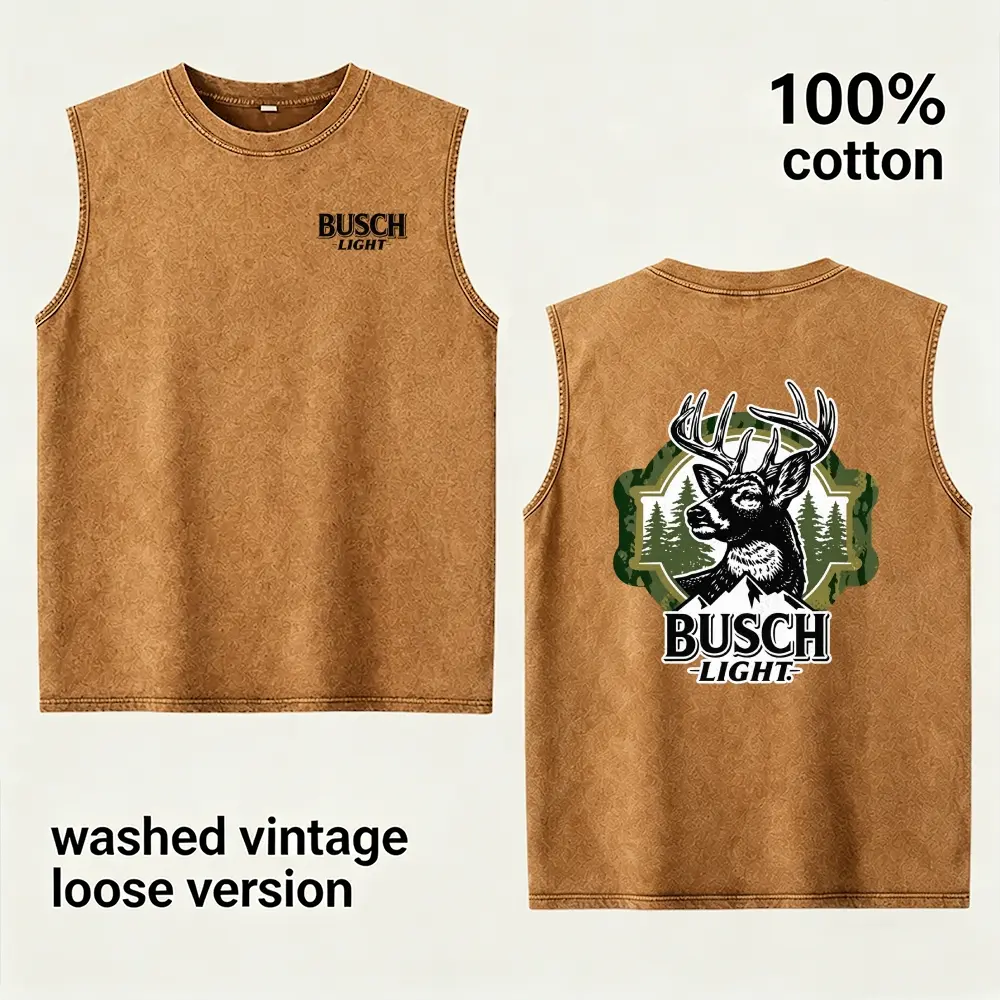 Vintage Washed 100% Cotton Sleeveless Tank Top For Men Loose Fit Camo Buck Deer Forest Mountain Graphic Outdoor Hunting Casual Cut Off Tee