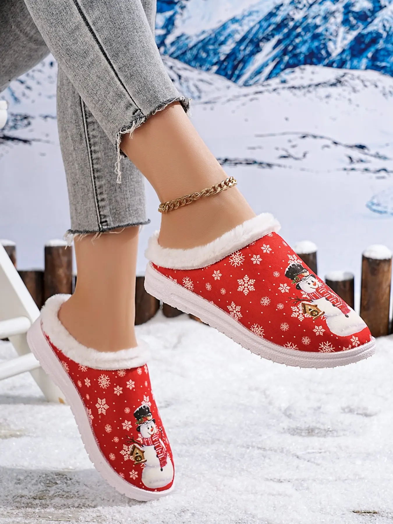 Women's Winter New Round Toe Christmas Snowman Snowflake Print Plush Half Slipper, Thick Warm Sole, Casual Fashion Snow Boots