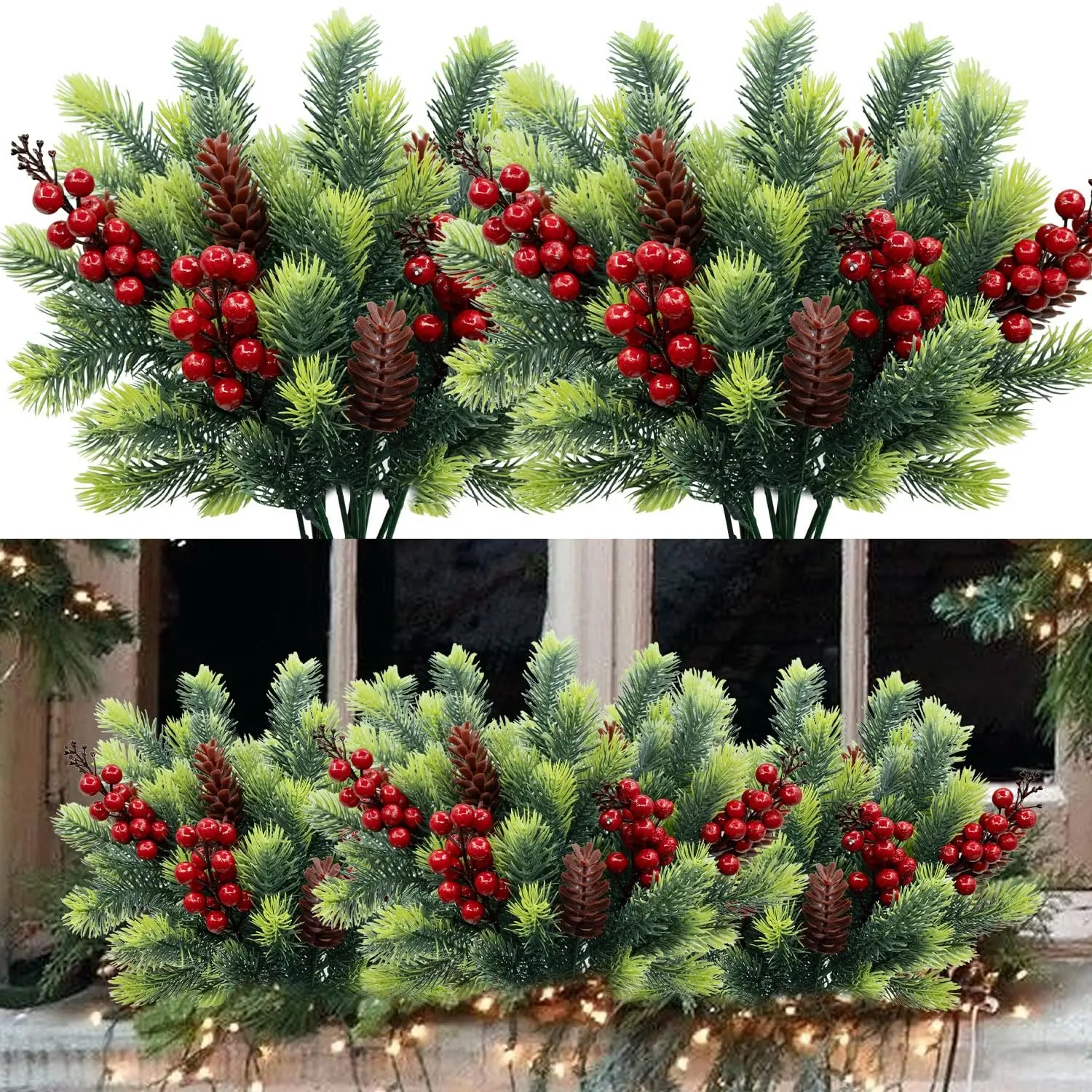 6pcs Artificial Christmas Flowers Bouquet, Pine Cone Berry, Fake Floral Winter Faux Flowers, Home Indoor Outdoor Decorations, Holiday Decor