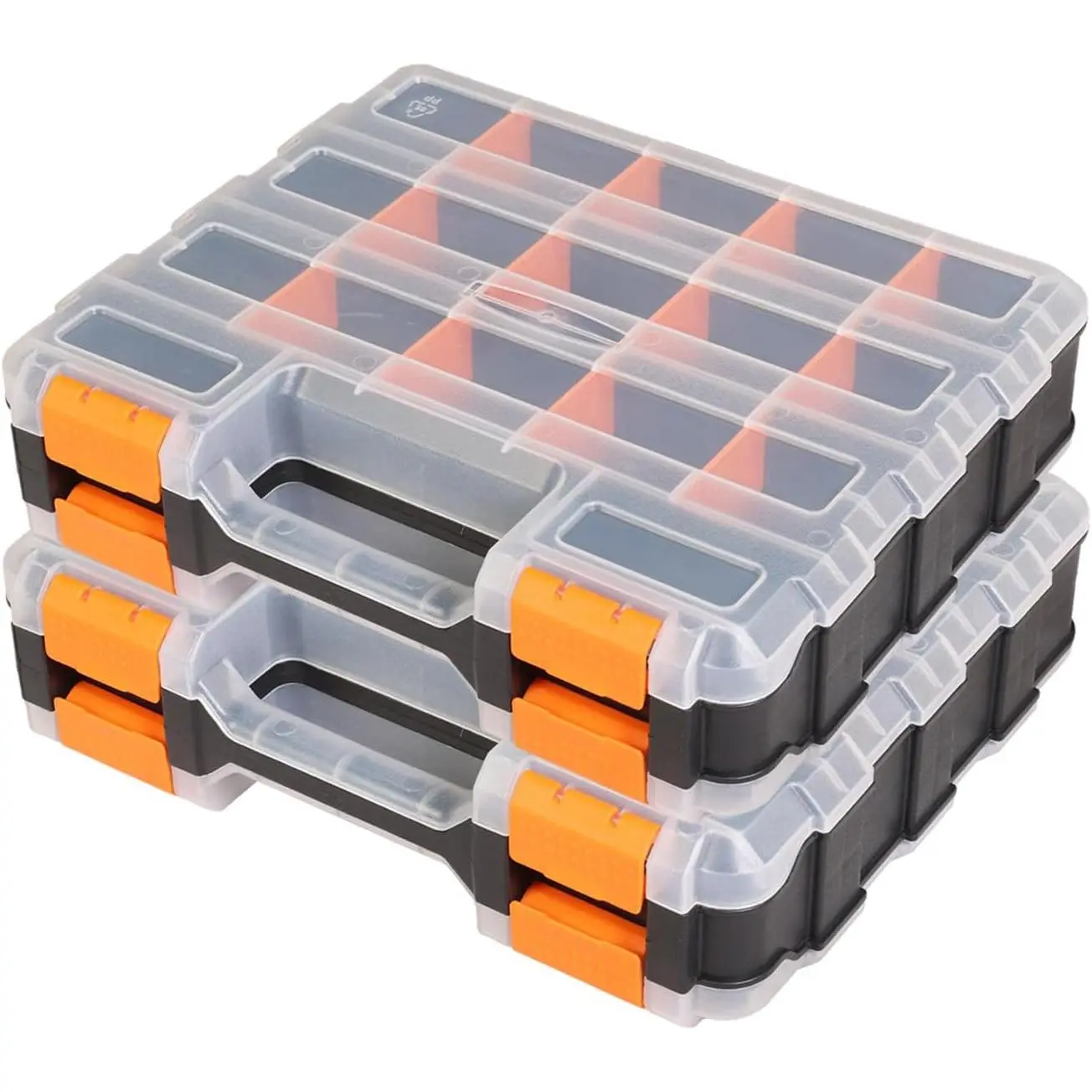 Orange 2-Pack Hardware Storage Tool Box with Transparent Lid, Double-Sided 34-Compartments Organizer with Removable Dividers for Hardware, Beads, Fishing Accessories