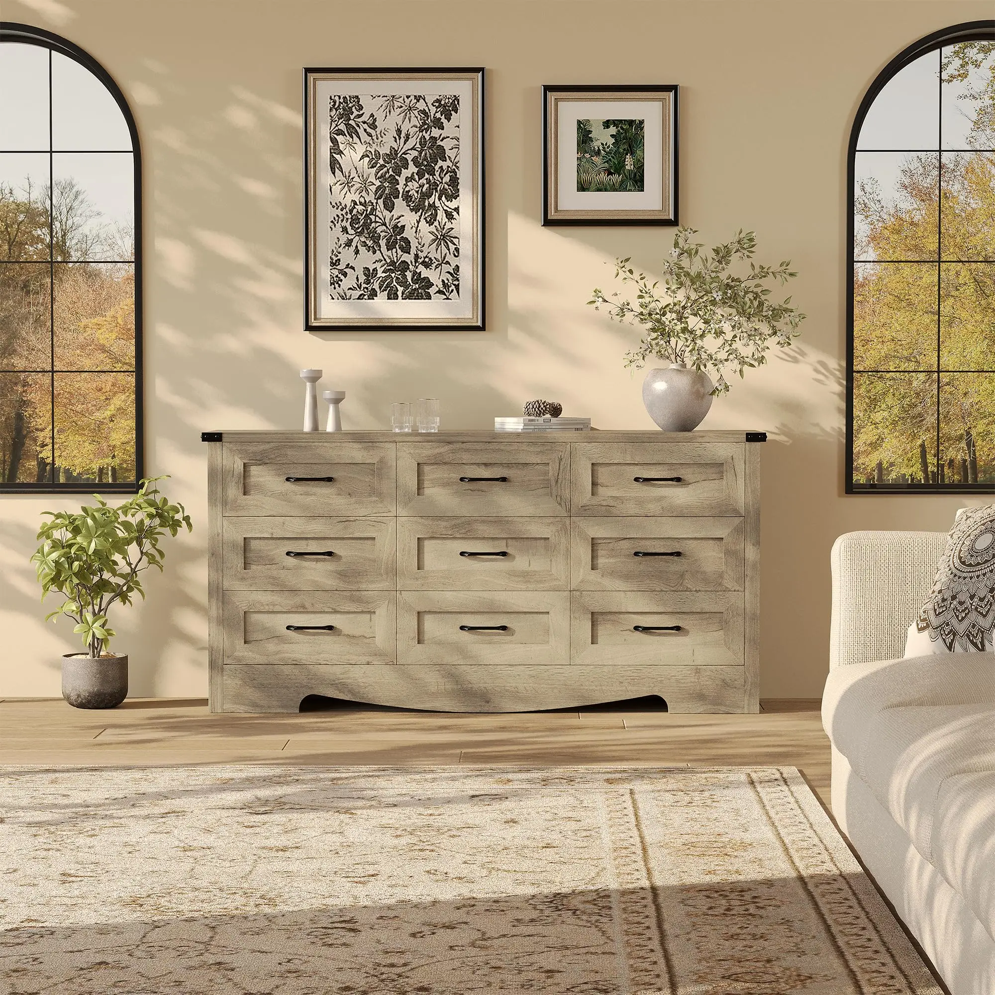 Garvee 9 Drawer Dresser for Bedroom, 59" Wide Farmhouse Wooden Tall Chest of Drawers with 9 Drawers, Mid Century Modern Long Dresser, Wood Storage Cabinet with Handles for Bedroom, Living Room Closet