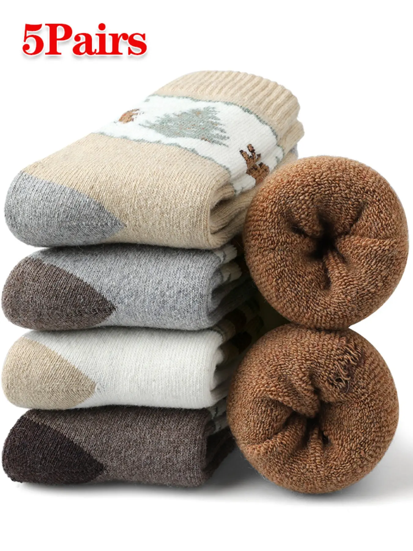 5 Pairs Women's Retro Nordic Christmas Tree Print Warm Cuff Socks, Thick Fleece Lining, Mid-Calf, Ideal for Outdoor Activities, Gift Choice