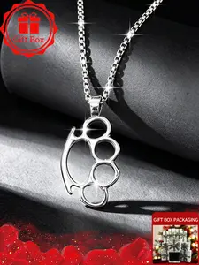 Aesthetic Silver Knuckle Pendant Necklace with Gift Box, Vintage Knuckle Duster Choker, Punk Box Chain Jewelry for Men Women, Unisex Grunge Outfits Clothing Accessories, Birthday Christmas Valentine Graduation Gift Present for Boyfriend Son Husband Her
