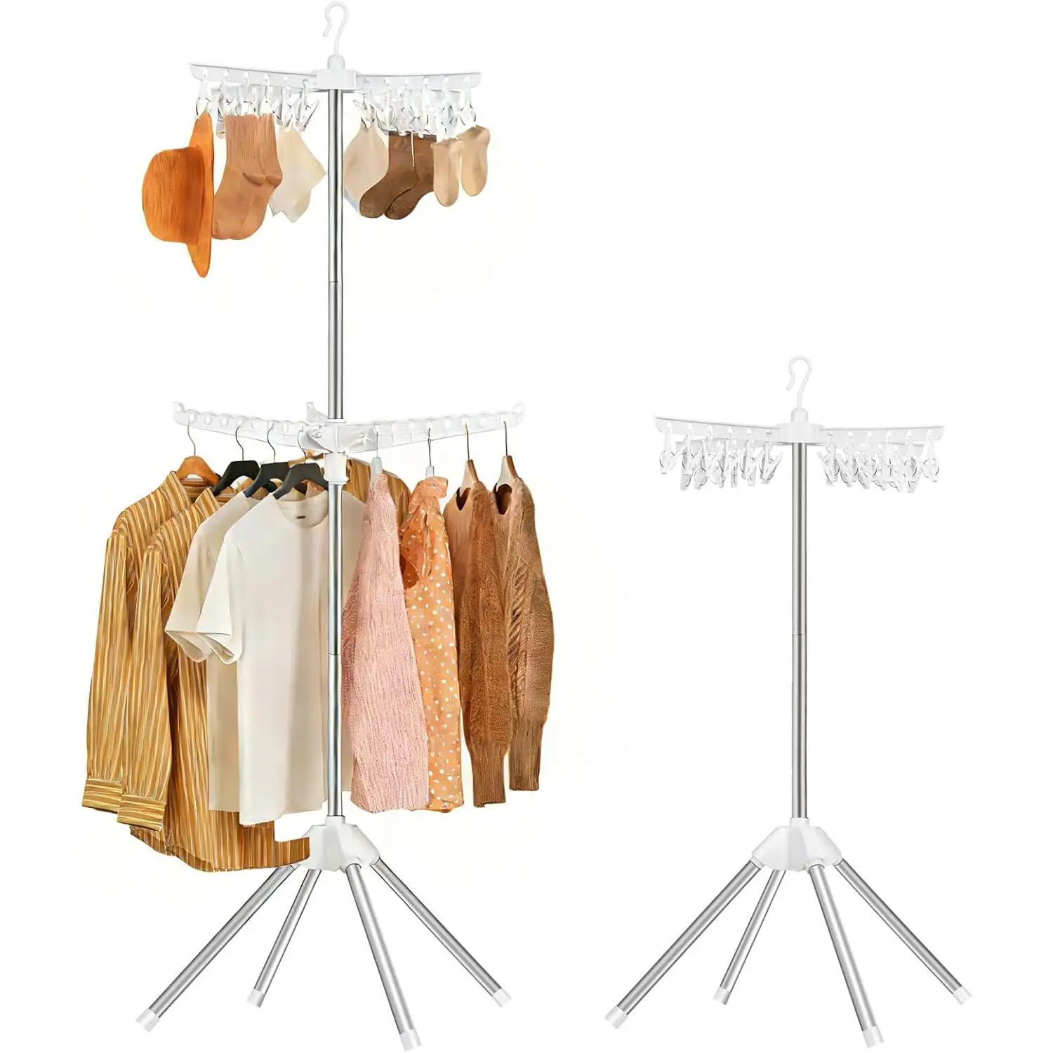 Foldable 2 Tier Portable Laundry Drying Rack with Rotating Clothes Rail, 24 Clips and 3 Rotatable Arms, Suitable for Flats and Small Rooms