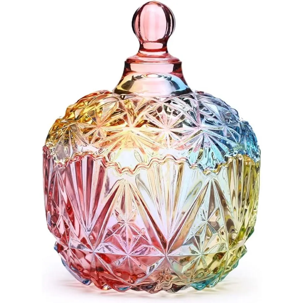 9oz Glass Candy Dish,Candy Dish for Office Desk 1 Pack | Diamond-cut Appearance,Vibrant Rainbow Colors,Candy Dish with Lid,Decorative,Cute,Pink,Gift Giving