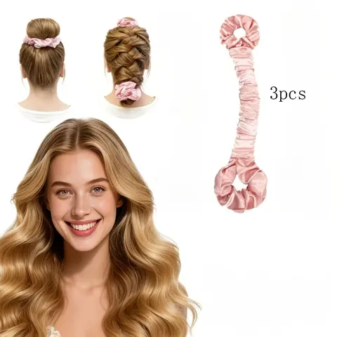 3pc Multifunctional Satin No-Heat Curling Rod And Hair Ring, Seamless Curling Wand with Hair Ring, Large Size, Creamy Pink, Heatless Styling (For Creating Big Waves)