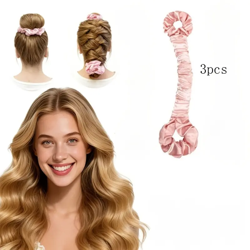 3pc Multifunctional Satin No-Heat Curling Rod And Hair Ring, Seamless Curling Wand with Hair Ring, Large Size, Creamy Pink, Heatless Styling (For Creating Big Waves)