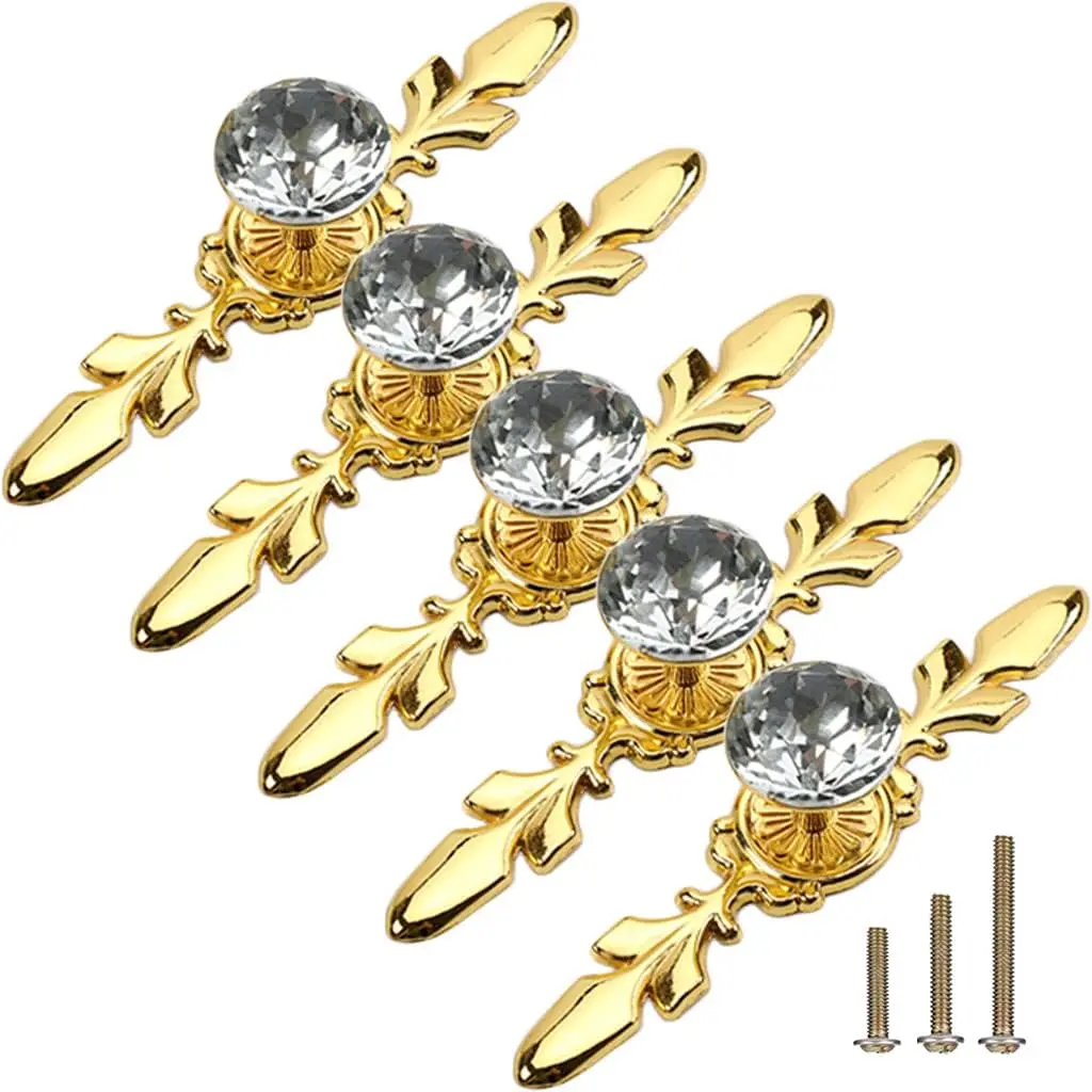 5 Pack   Clear  Glass Decorative Knobs with Plate,Drawer Dresser Pulls Handles with 3 Kinds of Screws for Kitchen Bathroom Office Decoration (5 Pack, Small, Golden)