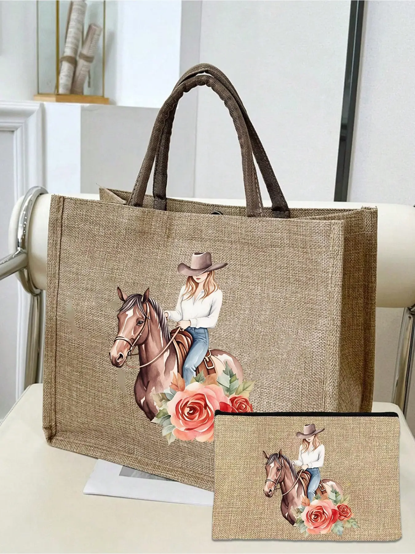 Cute Girl & Horse Canvas Tote Bag Set with Matching Small Pouch, Large Capacity Shoulder Bag, Reusable Shopping Bag for Horse Lovers & Equestrians, Ideal for Commute Equestrian Activities Picnic Shopping & Gifts