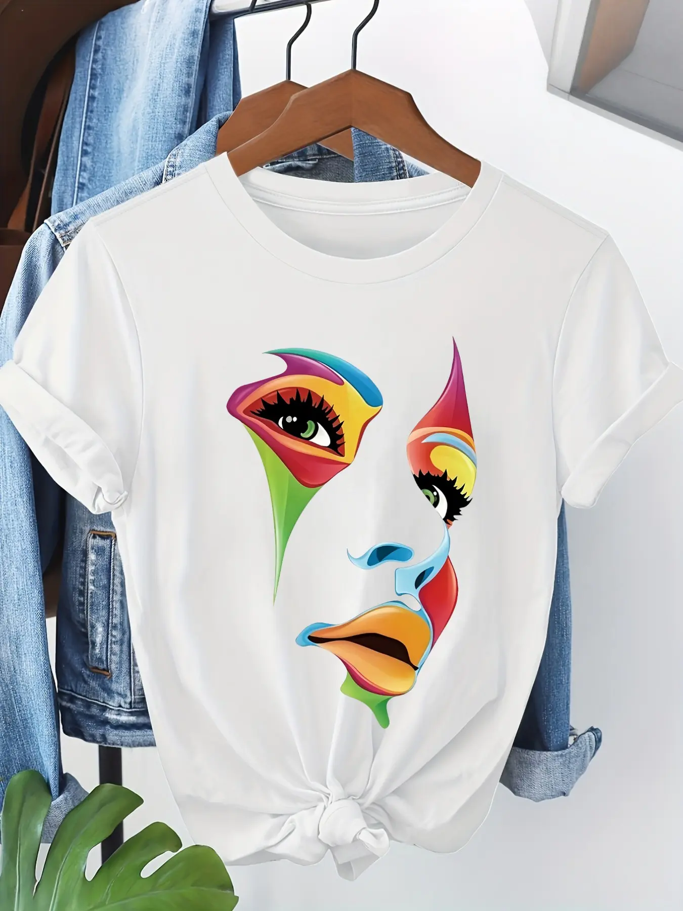 Women's Casual Round Neck T-Shirt, Colorful Face Print, Short Sleeve, H-Type, All Seasons, Perfect for Summer, Music Festivals, Daily Wear