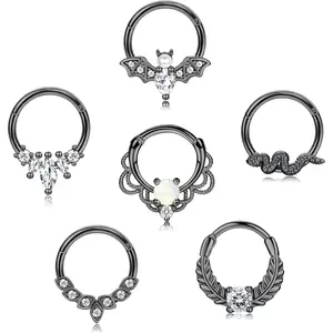 6Pcs 16G Septum Piercing Jewelry Bundle | Aesthetic Bat & Leaf Hinged Clickers | 316L Stainless Steel Nose Rings | Daith Helix Tragus Hoop Set | Multi-piercing Essentials