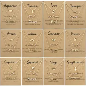 Plated 12-Zodiac Symbol Vintage Letter Star Chart Pendant Necklace, Hot-Selling Cross-Border Zodiac Card Three-Piece Necklace Set