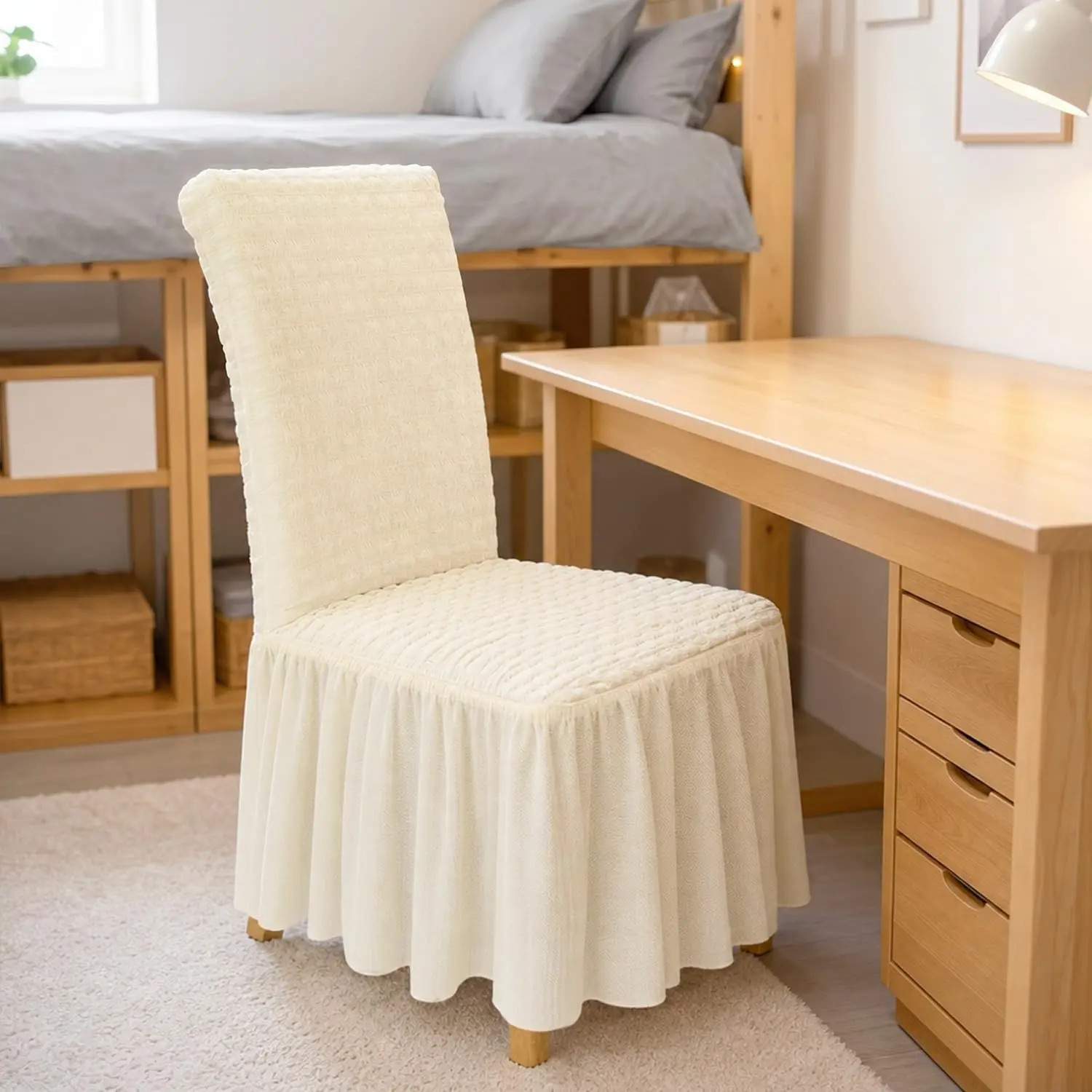 Beige Stretch Chair Cover with Skirt - Easy to Put On, 1Pack Slipcover for College Girls' Dorm Room Furniture, Indoor Dining Chair Protection, Skirts