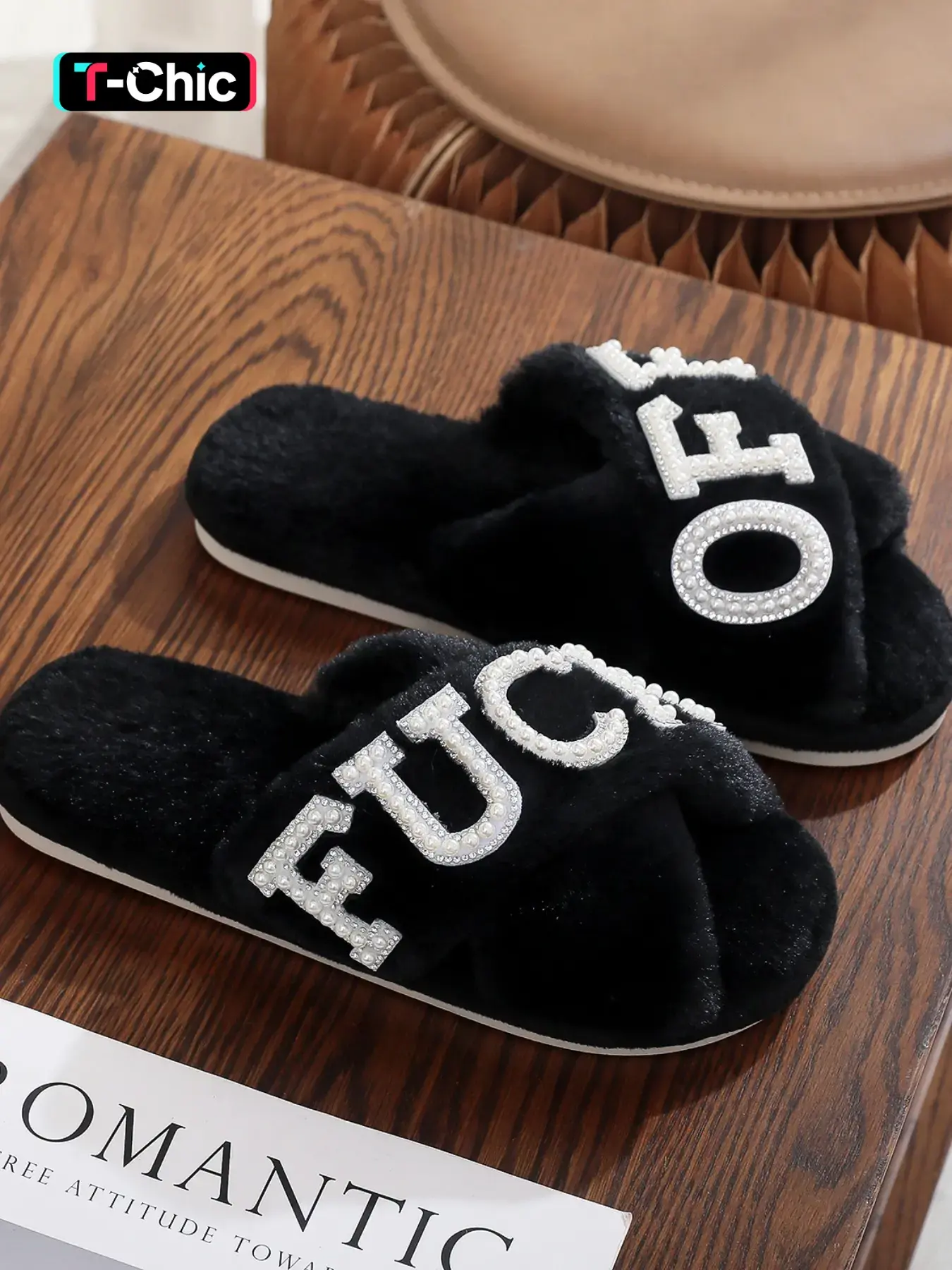 Pearl Drilled Letter off Women's Plush Slippers, Indoor Home Slippers, Comfortable Cross Strap Design, Memory Foam, Perfect Home Gift for Wife