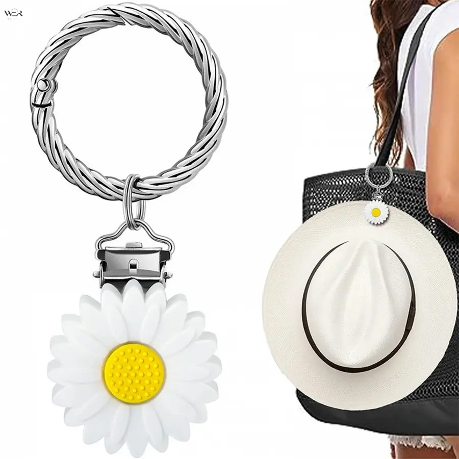 6-Color Silicone Daisy-Sunflower Hat Retainer Clip Keychain, Compact Cute Decorative Accessory with Twist Metal Split Ring, Dual Function Windproof Straw Hat Holder & Portable Bag Charm for Beach Outings Summer Travel