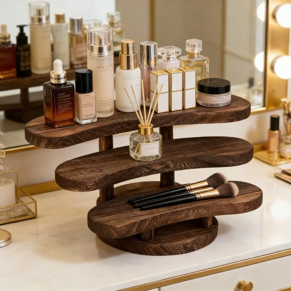 1pc Vintage Carbonized Wooden Three-Tier Desktop Organizer, Vertical Shelf, Jewelry Display Rack, Cosmetics Perfume Decorative Stand, Tea Art Storage Rack