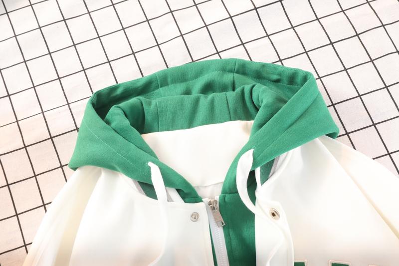 A hooded letter jacket, featuring a casual and simple style. The hooded design is sleek and elegant, while the overall design is practical and versatile. The letter embroidery adds a touch of sophistication, and the striped accent at the cuffs completes t