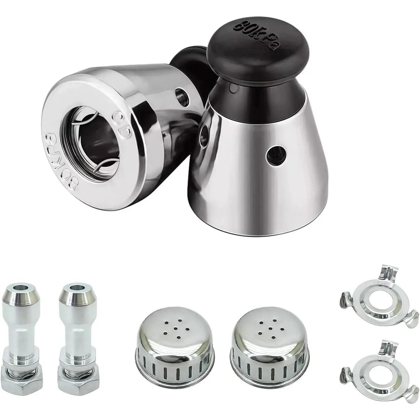 Universal Pressure Relief Valve Kit (2-Pack) with Stainless Steel Anti-Blocking Covers, Exhaust Rod, 80 KPA Pressure Regulator Replacement, Solid Metal Components, Universal Kit