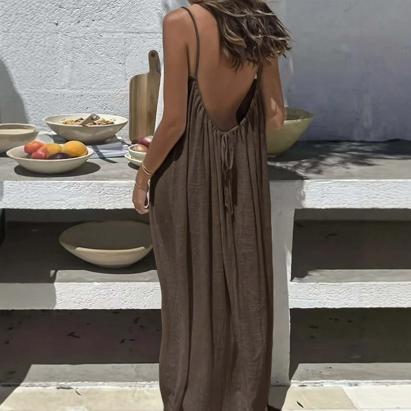 Ice silk ruched solid color backless maxi dress with drawstring, beach vacation dress, loose-fitting home dress, Plus Size Backless Maxi Dress