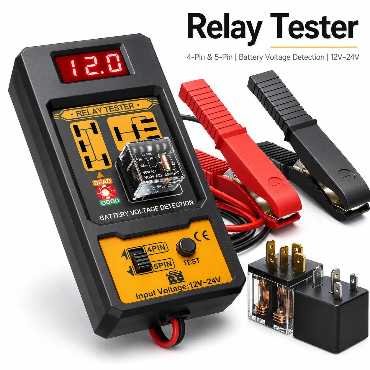 Automotive Relay Tester, 12V–24v Digital Battery Voltage Detector, Car Relay Diagnostic Tool, / Indicator, Insulated Clamps