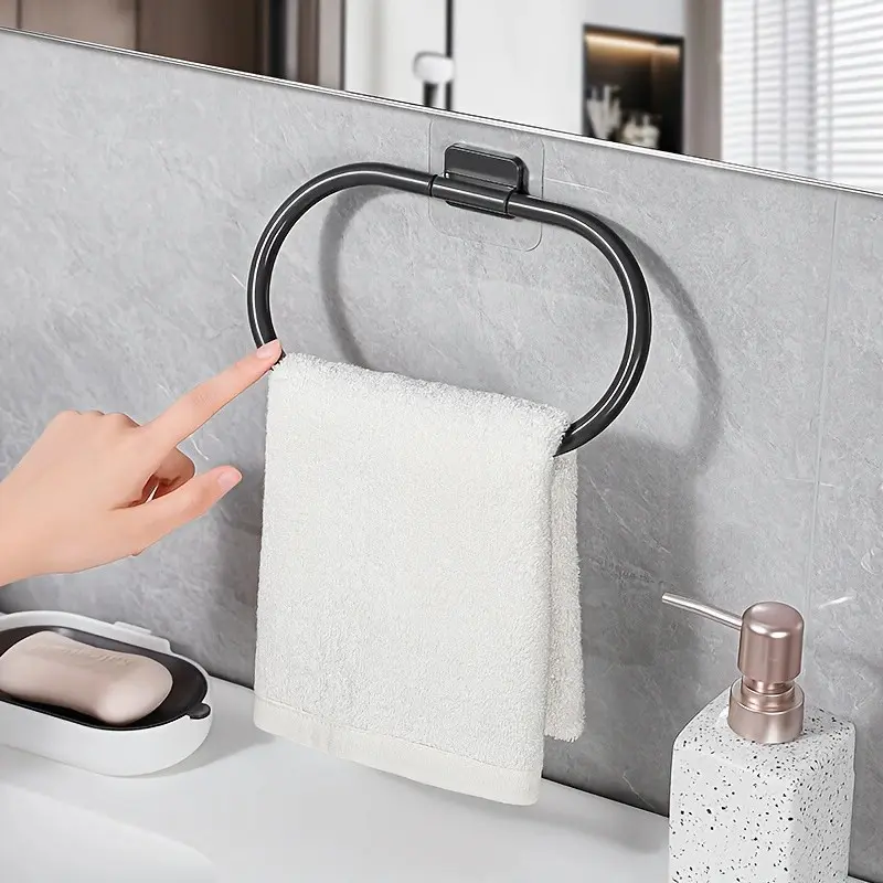No-Drill Towel Ring, 180° Rotating Self-Stick Towel Holder, Space-Saving Bathroom Accessory, Wall-Mounted Hand Towel Rack for Kitchen and Bath