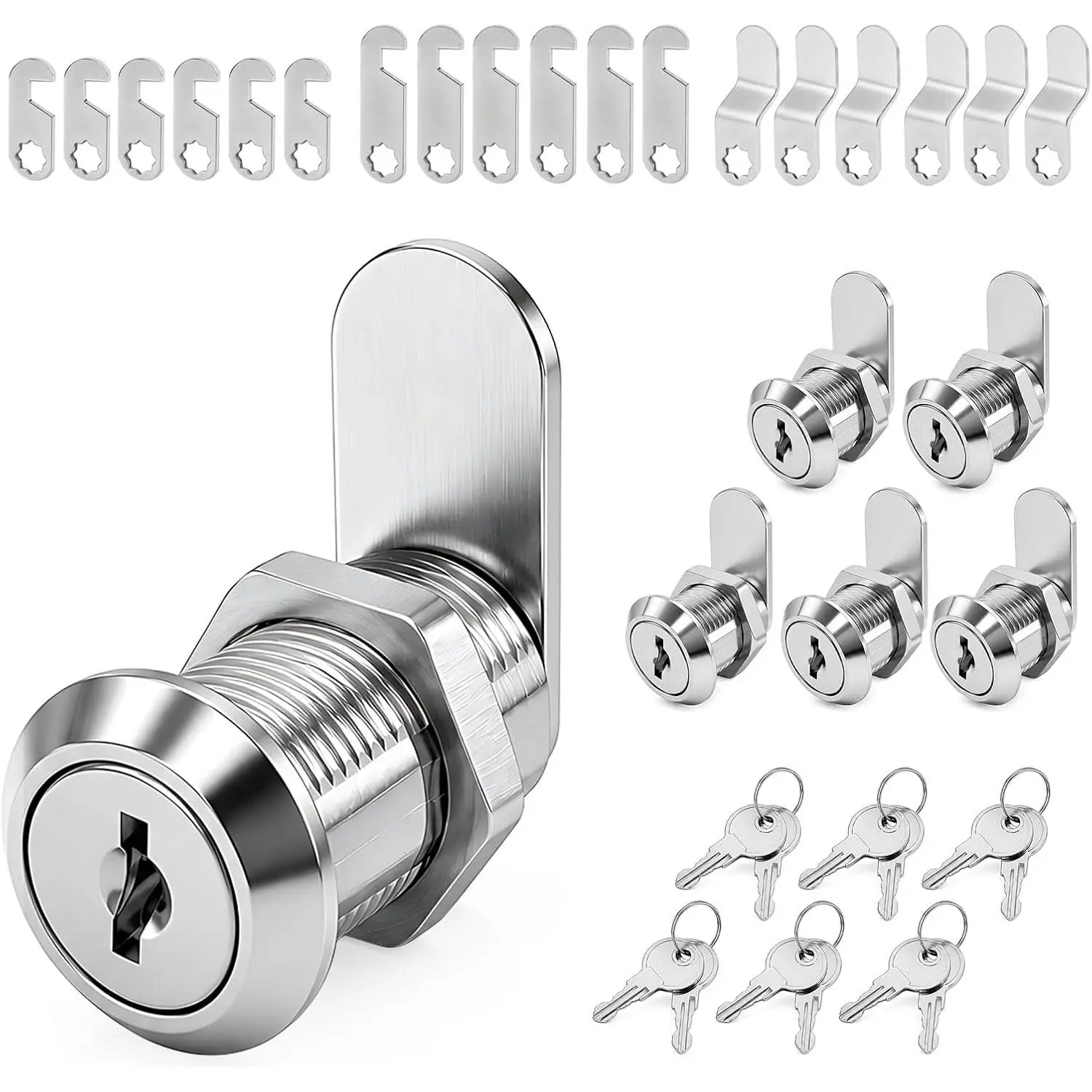 6-Pack 1-1/8" Keyed Alike Zinc Alloy Cam Locks, Cabinet Lock Replacement Kit with Keys, Cylinder Barrel & 4 Locking Cams for RV Storage Compartment, Mailbox
