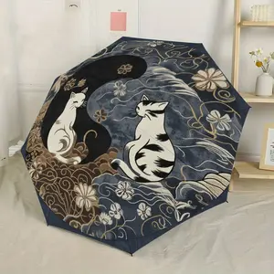 Double Cat Moon Painting Folding Umbrella, Portable Automatic Design, Perfect Gift for Christmas and Birthday, Rain and Sun Protection