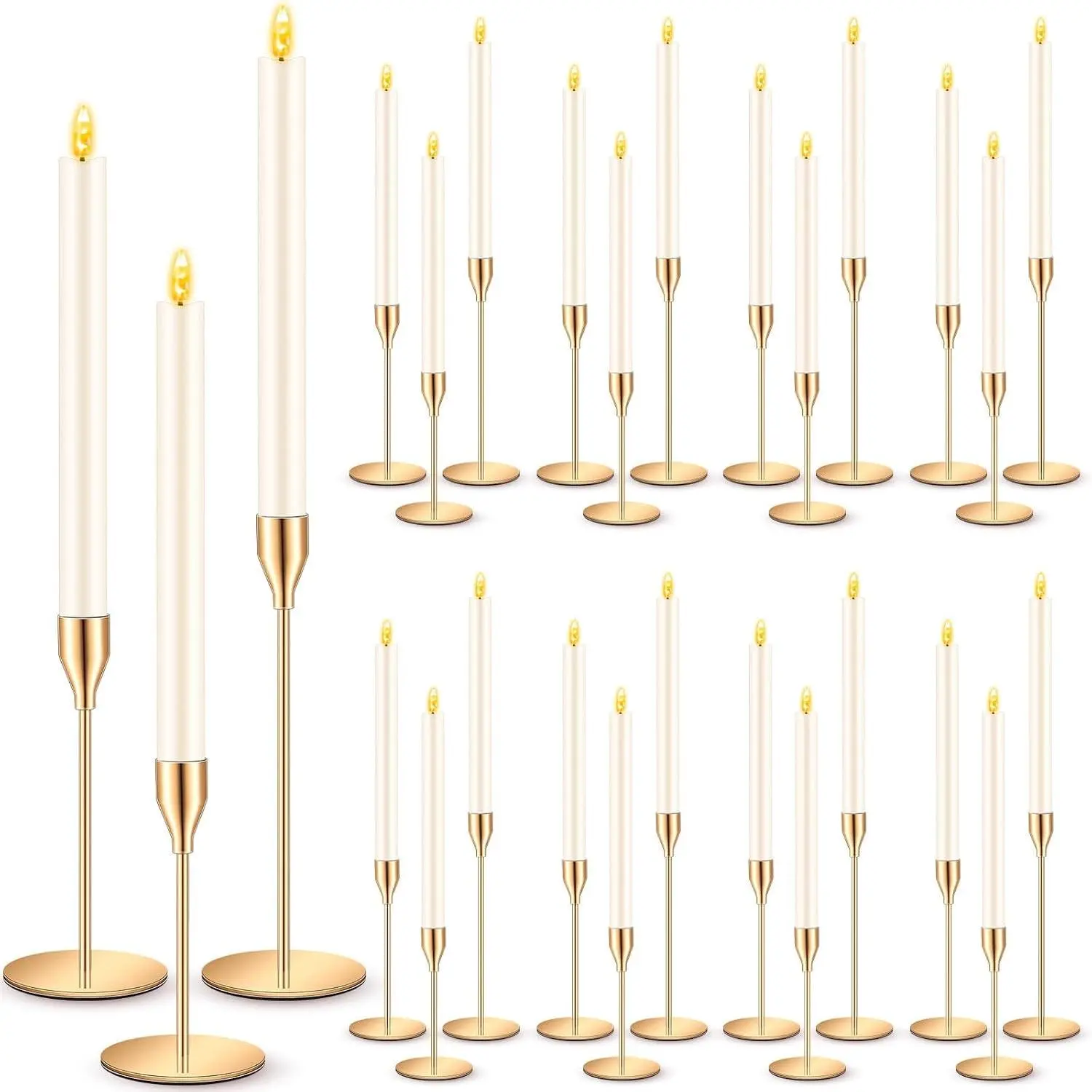 30 Pcs Gold Candlestick Holders with Flameless LED Candles Bulk Includes 15 Metal Candle Holders 15 Ivory Battery Operated Taper Candles for Wedding Valentines Table Centerpieces Home Decor