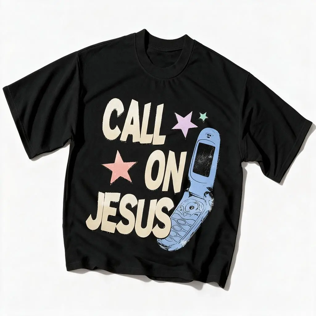 Retro Christian Men’s T‑Shirt, Call On Jesus Vintage Flip Phone Faith Graphic Print Short Sleeve Crewneck Tee, Religious Inspirational Casual Cotton T‑Shirts for Men