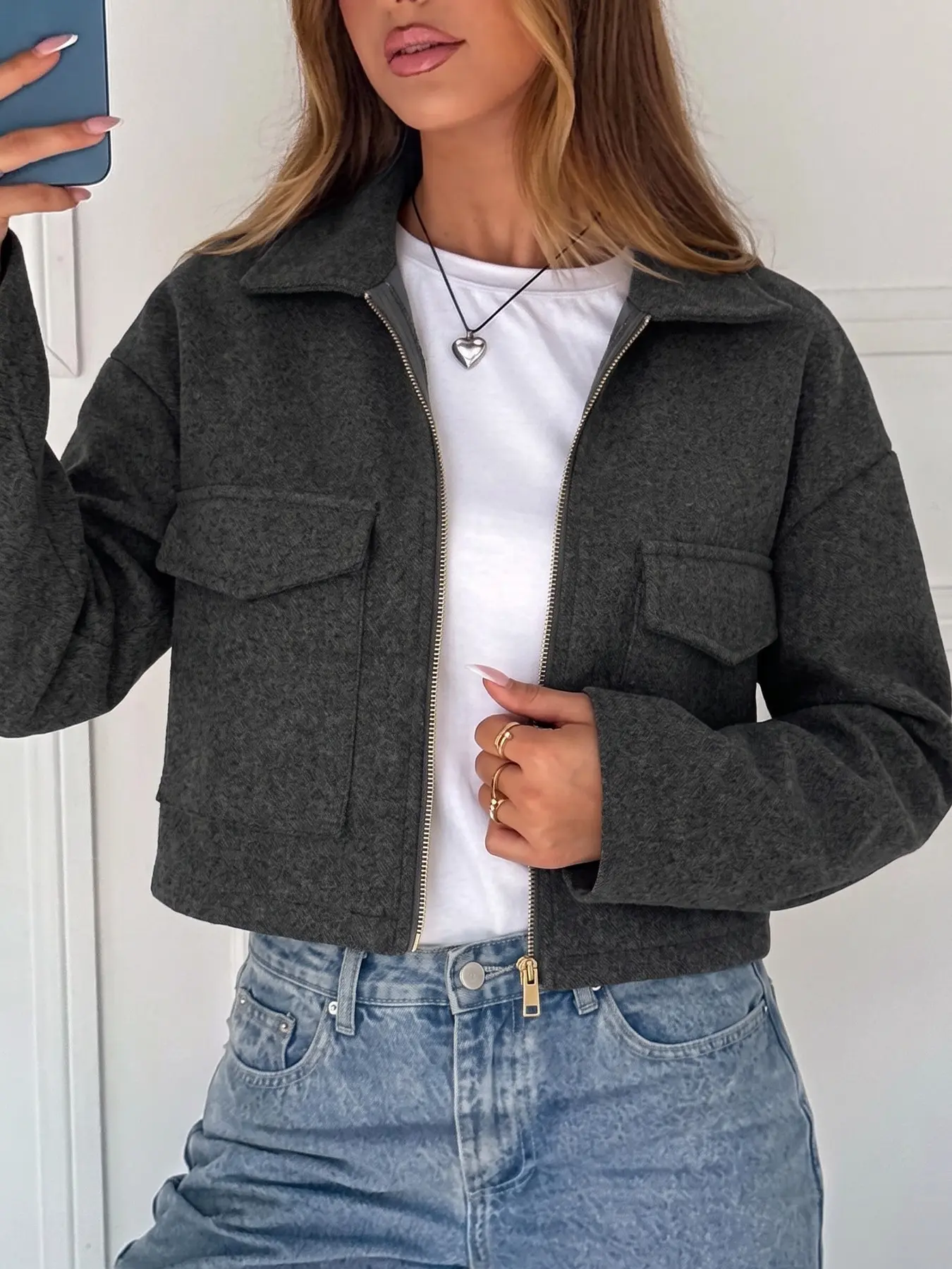 Dark Heather Grey Thin Lightweight Soft Wool Blend Fabric Lapel Collar Double Flap Chest Pocket Full Metal Zip Up Drop Shoulder Oversized Cropped Short Jacket Women Minimal Neutral Y2K Daily Coffee Office Street Indoor Fall Spring All Season Casual Layeri