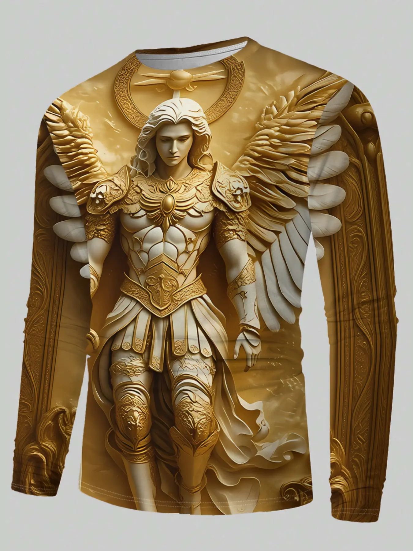 Gold Angel Warrior Long Sleeve T-Shirt, Wing Armor Print, Casual Graphic Top, Sporty Style, Fitted, Round Neck, Slightly Elastic Fabric, Spring & Fall
