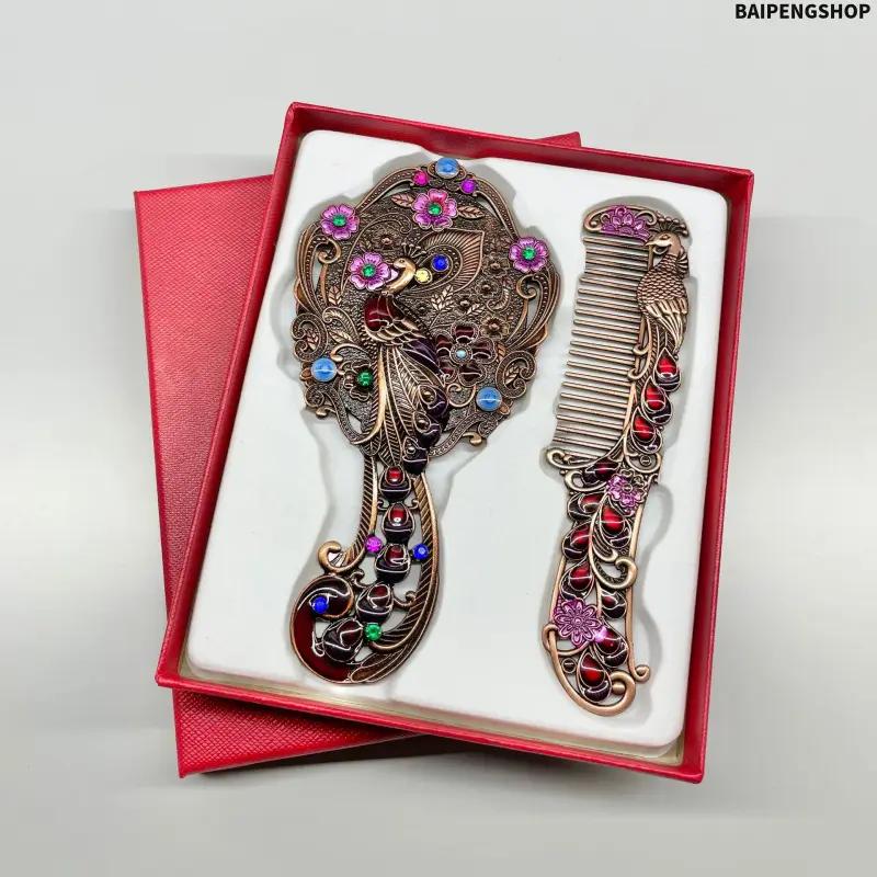 Vintage Peacock Crown Mirror & Comb Gift Set, Compact Polished Metal Frame With Clear Glass Surface, Battery-Free Portable Vanity Accessory, Elegant Boxed Present For Women Daily Makeup Travel Use