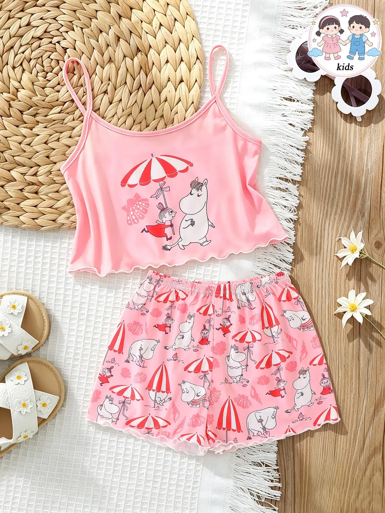 2-Piece Summer Kids Pajama Set, Casual Cartoon Hippo Print Tank Top and Shorts, Soft Fabric, Suitable for All Seasons, Summer Pjs