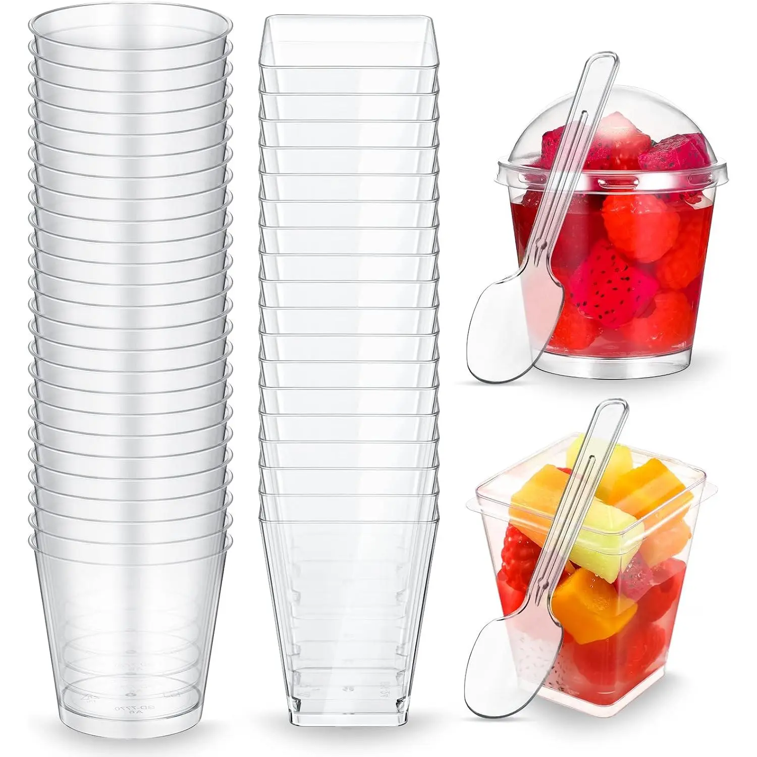 100 Sets Dessert Cups with  and Spoons Plastic Yogurt Parfait Appetizer Shooter Cups Round and Square Mini Containers for Pudding, Fruit and Ice Cream(5 oz)