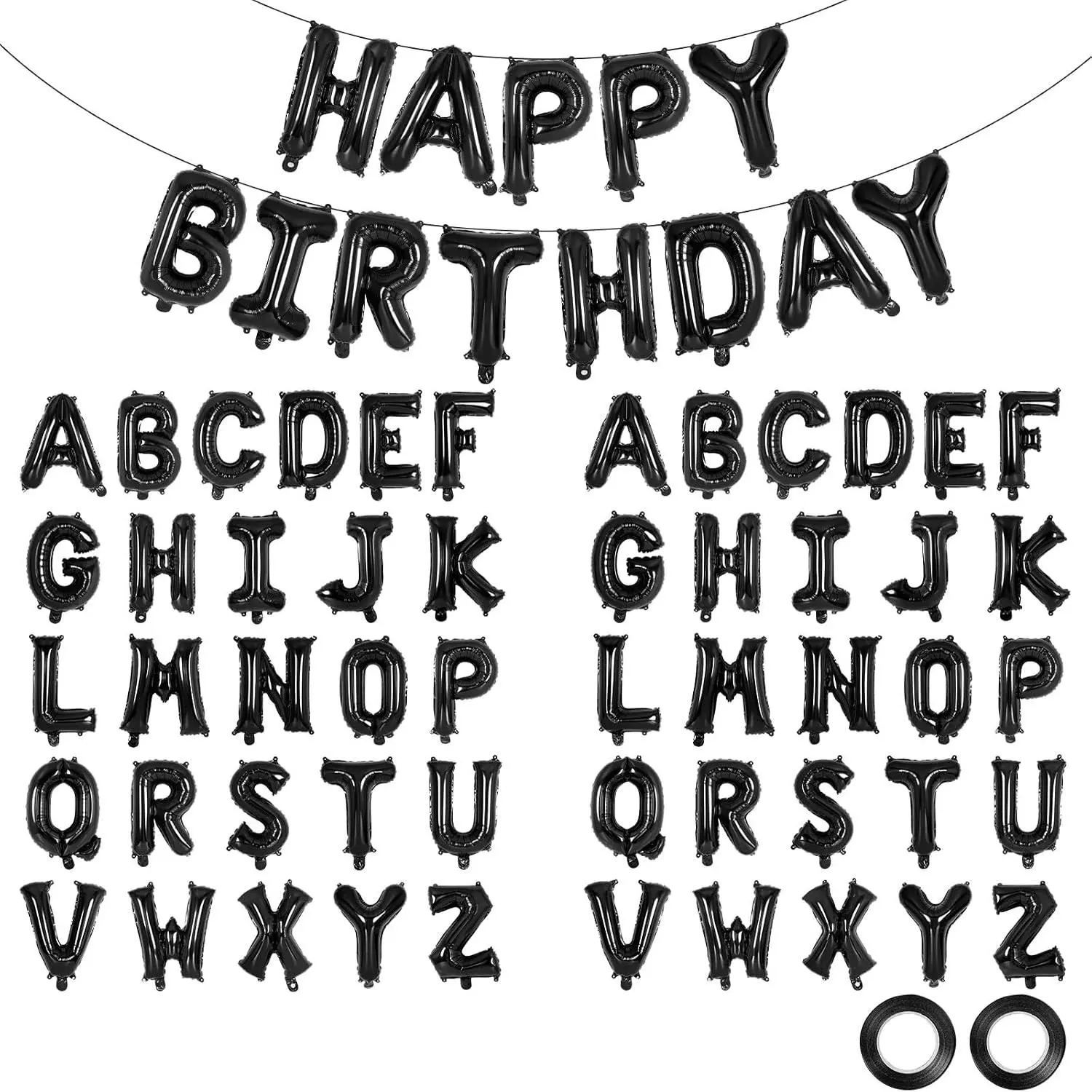 65 count Black Happy Birthday Balloons, 2 Sets A-Z Black Letters Foil Balloons,16 Inch Personalized Name Happy Birthday Banners for Wedding  Shower Anniversary Party Decorations