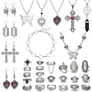 FIASASO 33Pcs Grunge Vintage Punk Necklace Jewelry Set Gothic Earrings Fairy Butterfly Boho Crystal Y2k Cross Pendent Butterfly Heart Choker Goth Stackable Knuckle Rings Adjustable Y2k Accessories for Women Men