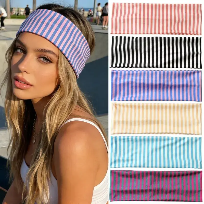 Women’s Striped Sweat Wicking Headbands Set, Elastic Multi-Color Athletic Headbands, Absorbent Workout Hair Bands for Running, Yoga, Gym Training & Fitness Sports Use