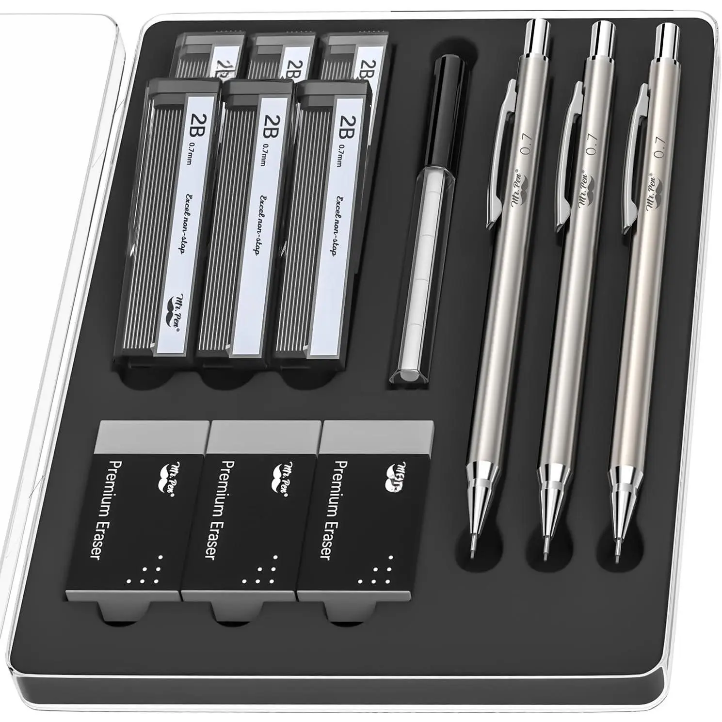 - 0.7mm Metal Mechanical cil Set with Lead Refills & Erasers | 3 Pack, 6x Tubes 2B Lead Refill, 3x Erasers for School Supplies, Note Taking, Drawing, Sketching