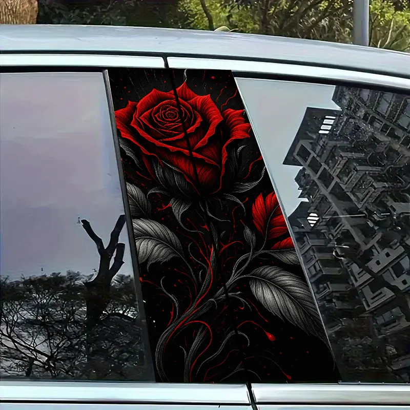 Set of 2 B-Pillar Stickers Featuring a Red And Black Rose Design - Automotive Decals, Protective Stickers Suitable for Metal, Plastic, And Glass Surfaces for Car Embellishment