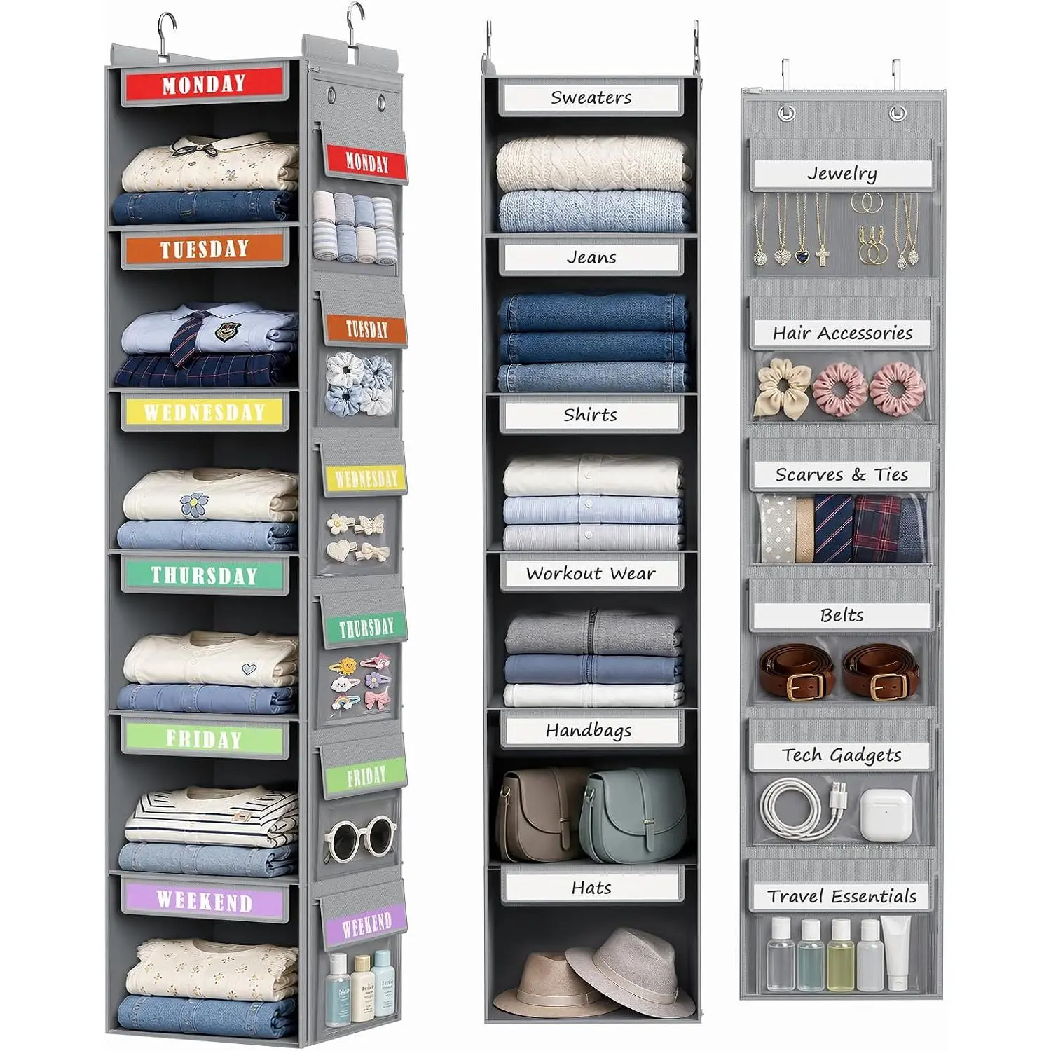 Closet Organizer 2 in 1 - Weekly Clothes Organizer for  Over the Door Organizer 6-Shelf Daily Monday Friday   Shelves, for School Outfits,  Clothes, Grey