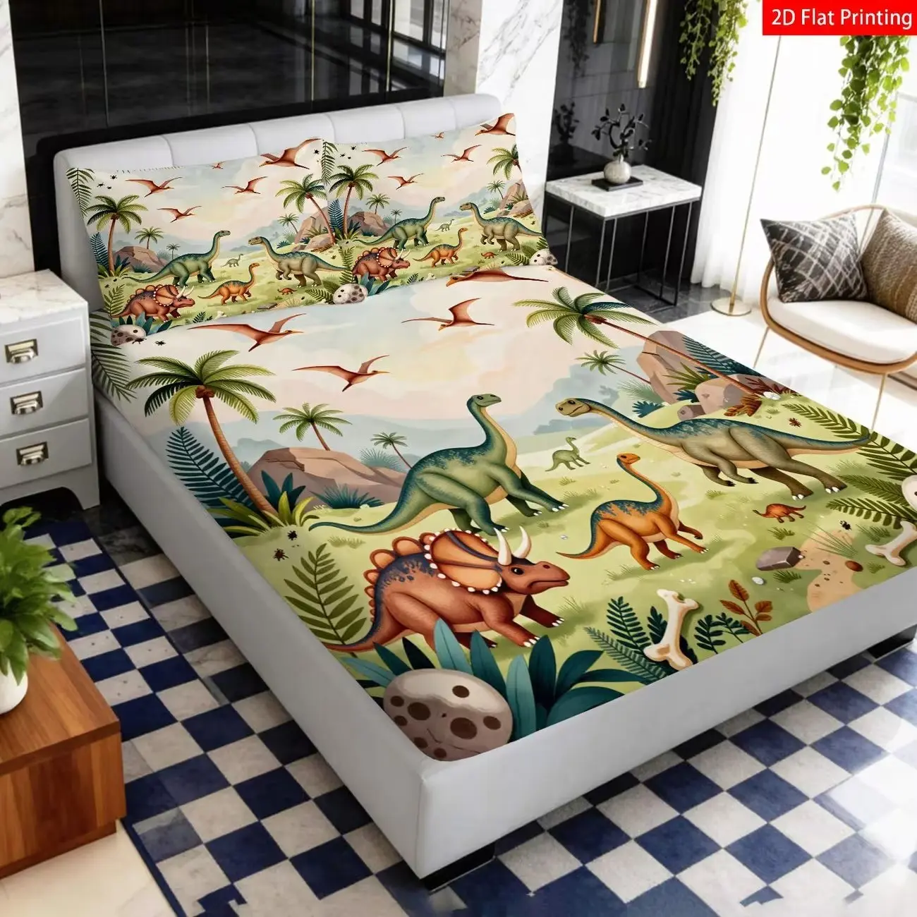 3-Piece Set 2D Flat Print Bed Sheet, Cartoon Dinosaur Theme Bedding, //olive, Jurassic Dinosaur and Palm Tree Print, Bedroom Decor