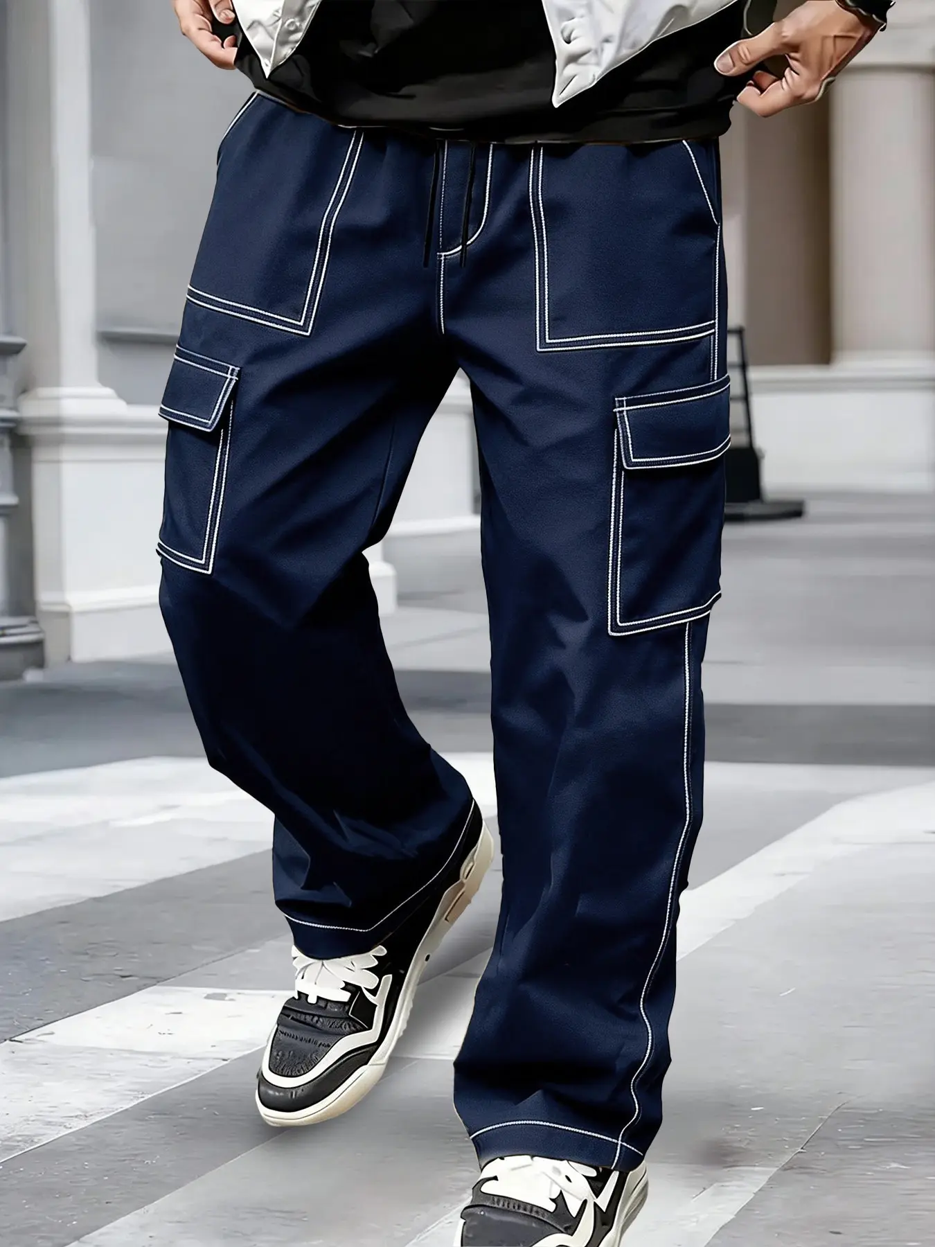 Men's Wide Leg Workwear Pants, American Street Style, Multi-Pocket, Practical Storage, Drawstring Waist, Loose Fit, Casual Outdoor Long Trousers