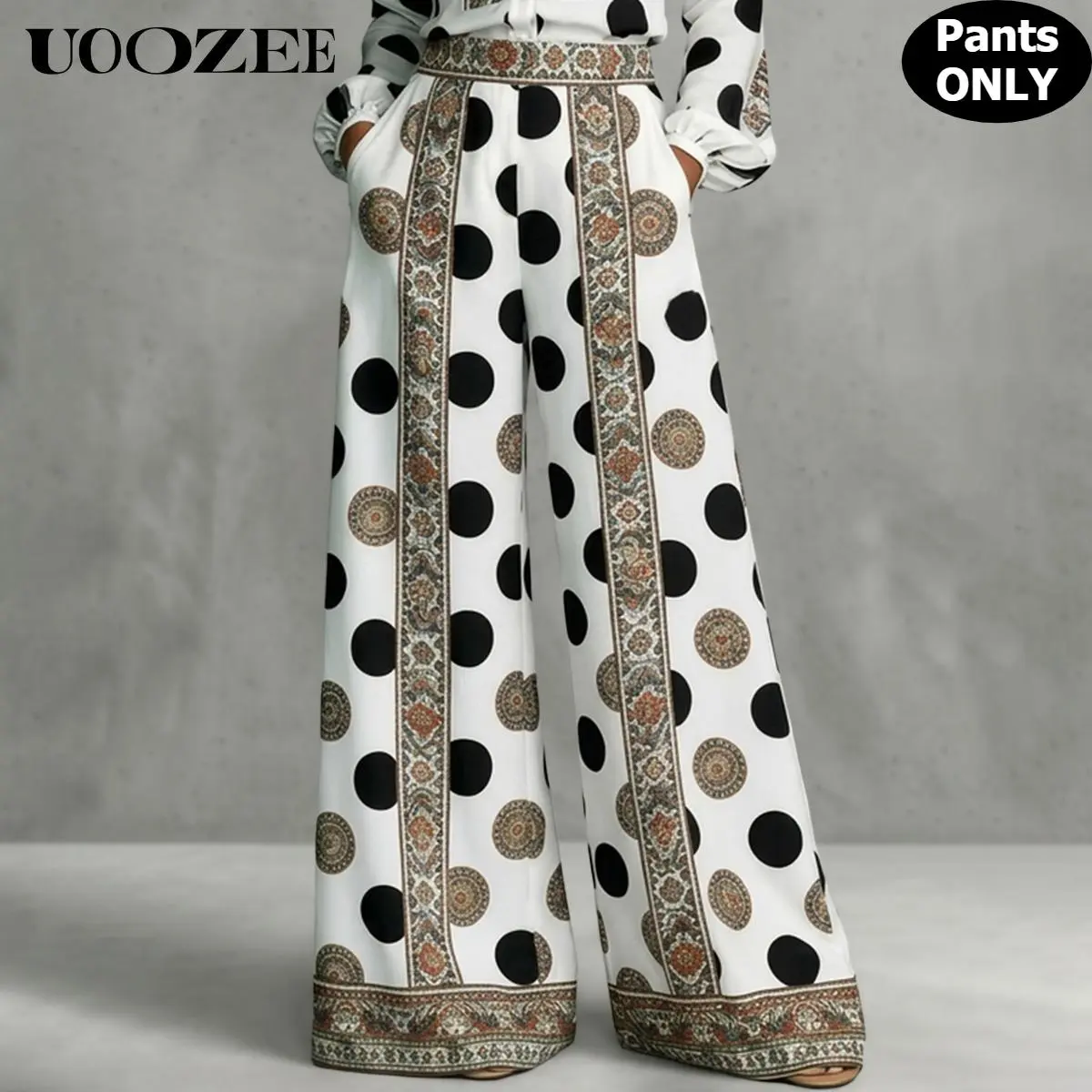 UOOZEE Women's Vintage Paisley Polka Dot Print Palazzo Pants, High Waist Silky Satin Smart Casual Trousers with Pockets and Side Zipper, Beach, Polyester, Smooth, Party, Blouse, Workwear, Matching, Bottoms, Oversized, Elegant, Smocked