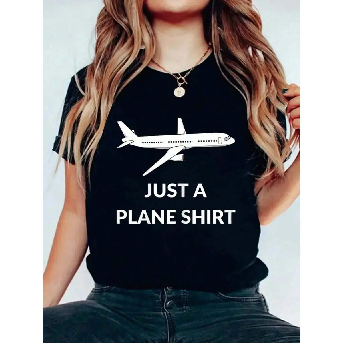 Just A Plane Shirt Funny Airplane Aviator Pilot T-Shirt Print Women's Round Neck Short Sleeve T-Shirt Fashion Graphic Tees Women Top