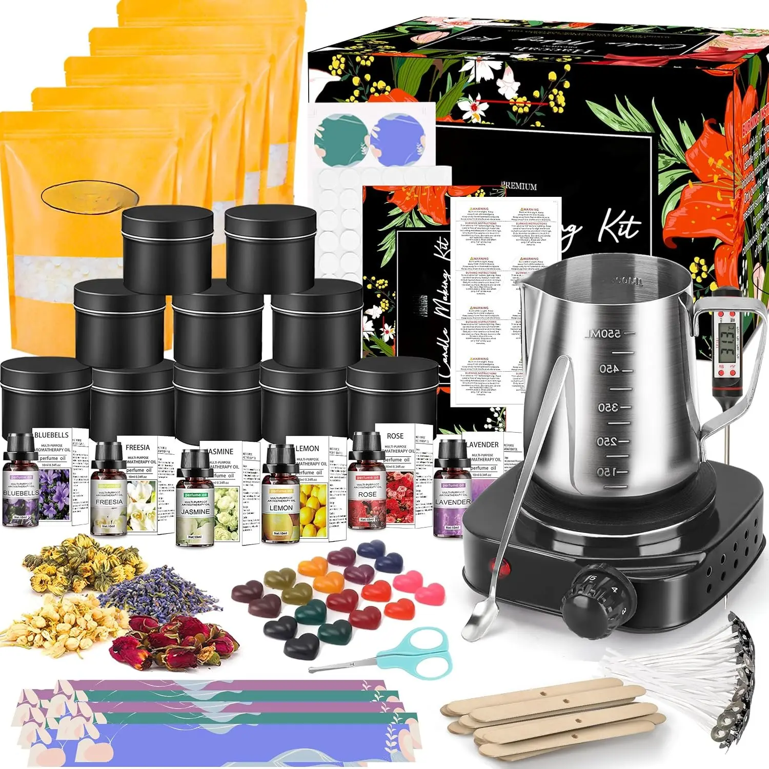 Complete Candle Making Kit with Wax Melter,Candle Making Supplies,DIY Arts&Crafts Kits  for Beginners,Adults,Including 500w  Stove,Wicks,Wax,Rich Scents,Dyes,Melting Pot,Candle tins