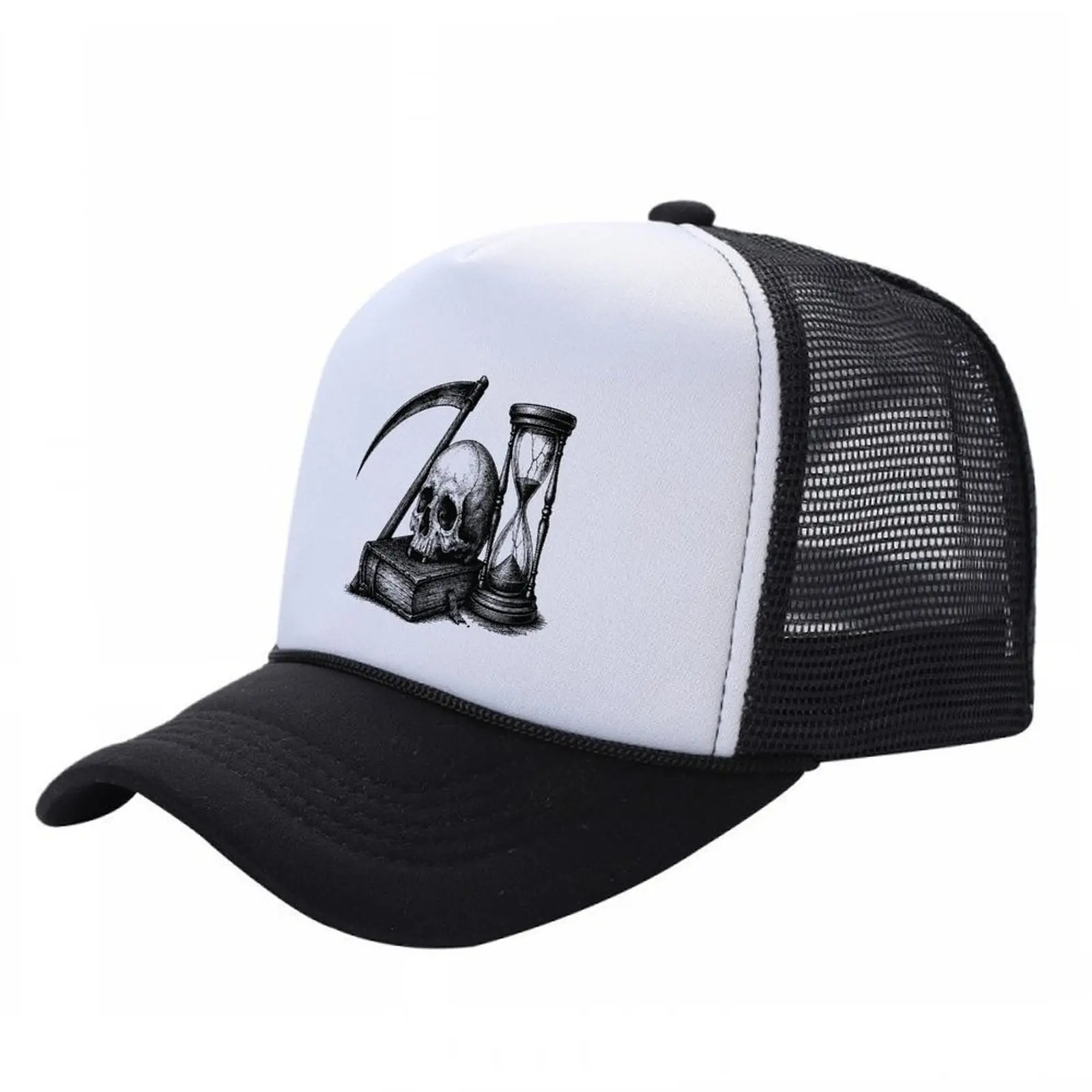 Skull Scythe & Hourglass Memento Mori Dad Hat,Trucker Hat,and Baseball Cap - Black White Mesh Back Curved Brim Plastic Snapback,Edgy Tattoo Style Summer Beach Essentials,Gorras para Hombres,Dad Style Cap,4th of July Hat,Skull Cap