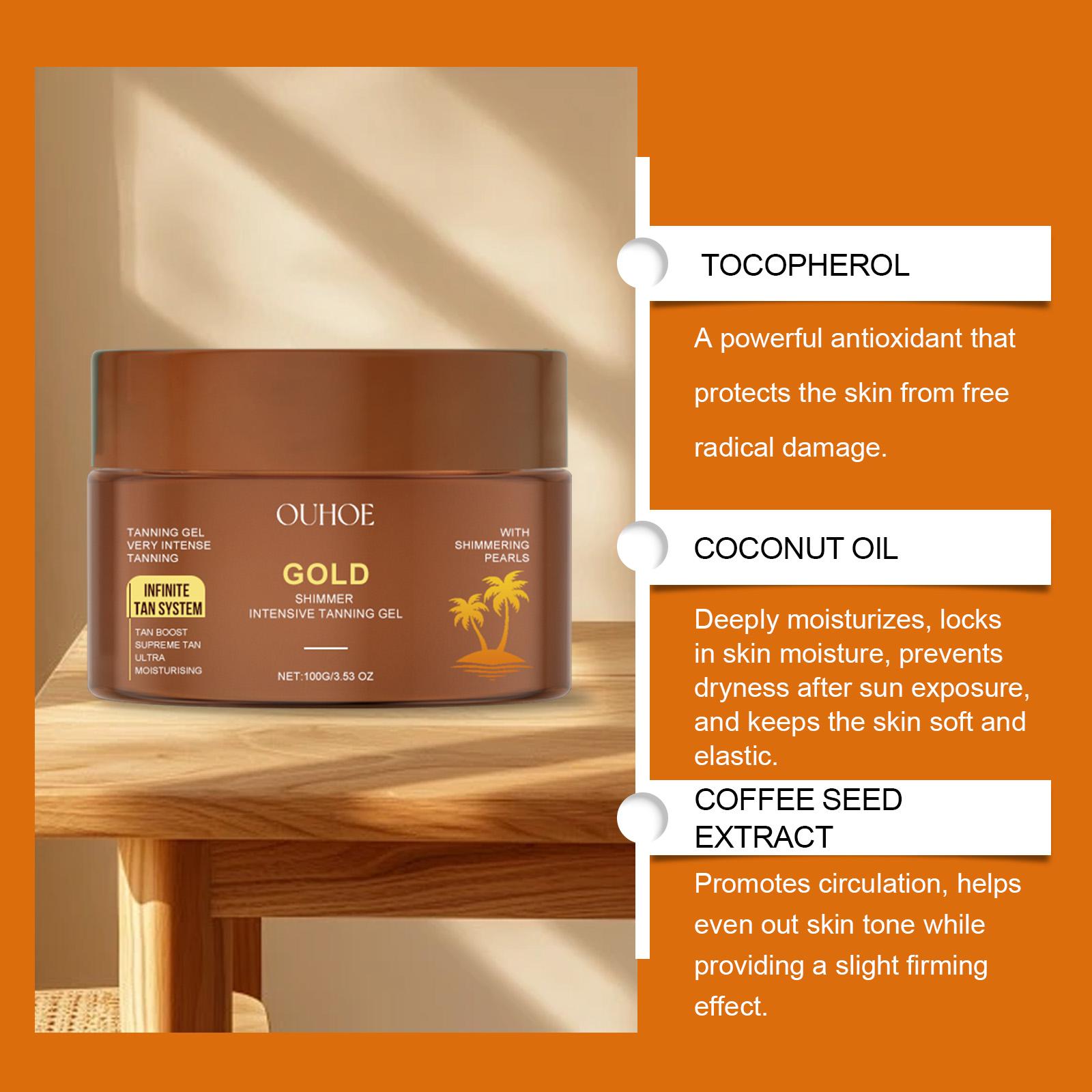 OUHOE Gold Shimmer Tanning Gel, Sunflower & Calendula Herbal Protection, 10-Min Quick Dry, Reduces Sun Damage, Lasting Gold Luster for Radiant Skin, All Skin Types Intensive Hydrating sunscreen self dark tanglow bronzing agent balm