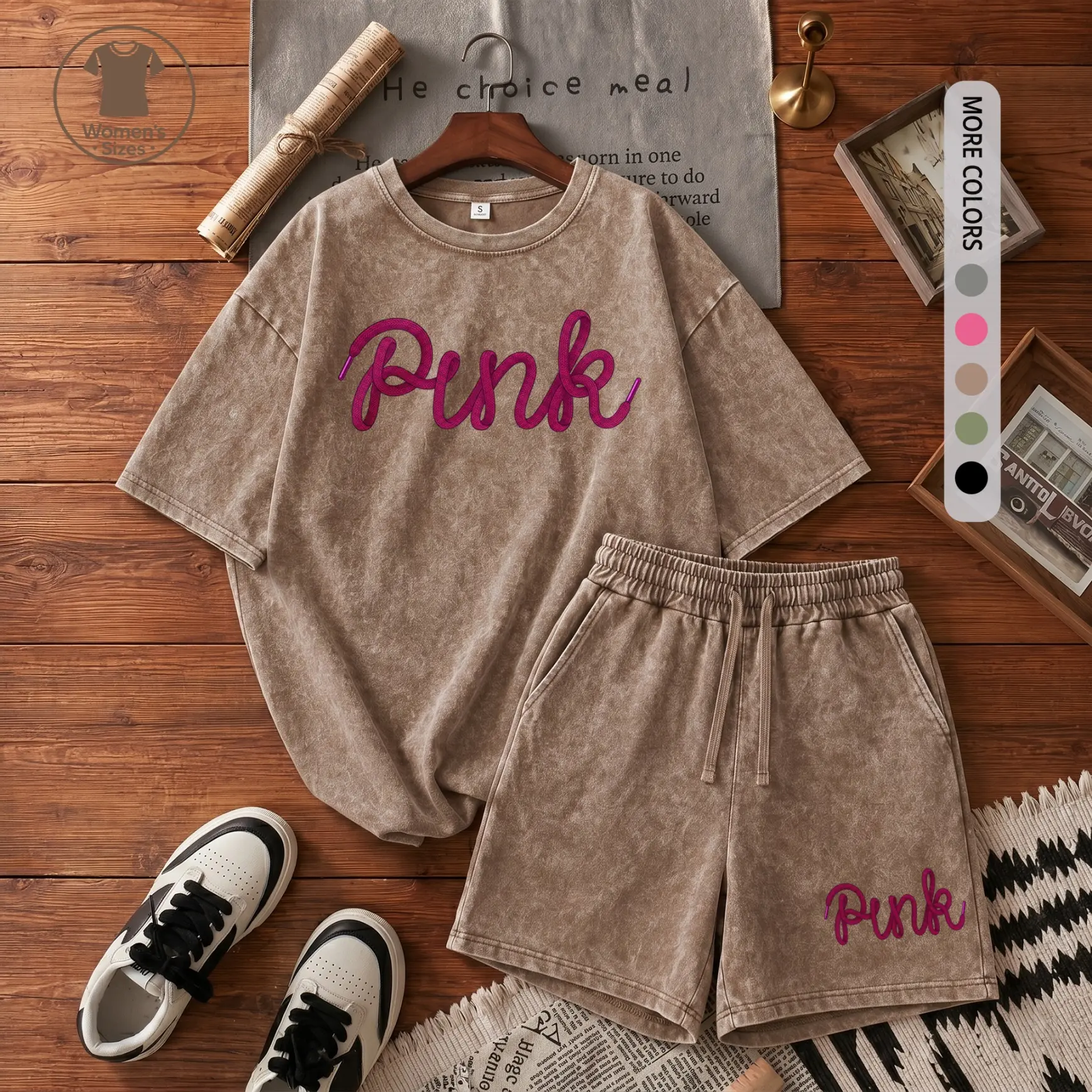 Women’s 100% Cotton Minimalist Letter Graphic Washed Tee & Loose Bermuda Shorts Set, Relaxed Two-Piece Outfit With Elastic Drawstring Waist, Trendy Casual Style