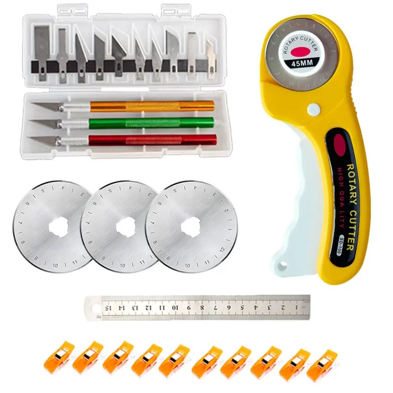 5-Piece Rotary Cutter Set with Sk5 Blade, Clamp, Steel Ruler, Carving Knife, Ideal for Sewing, Quilting, Leather DIY Crafts
