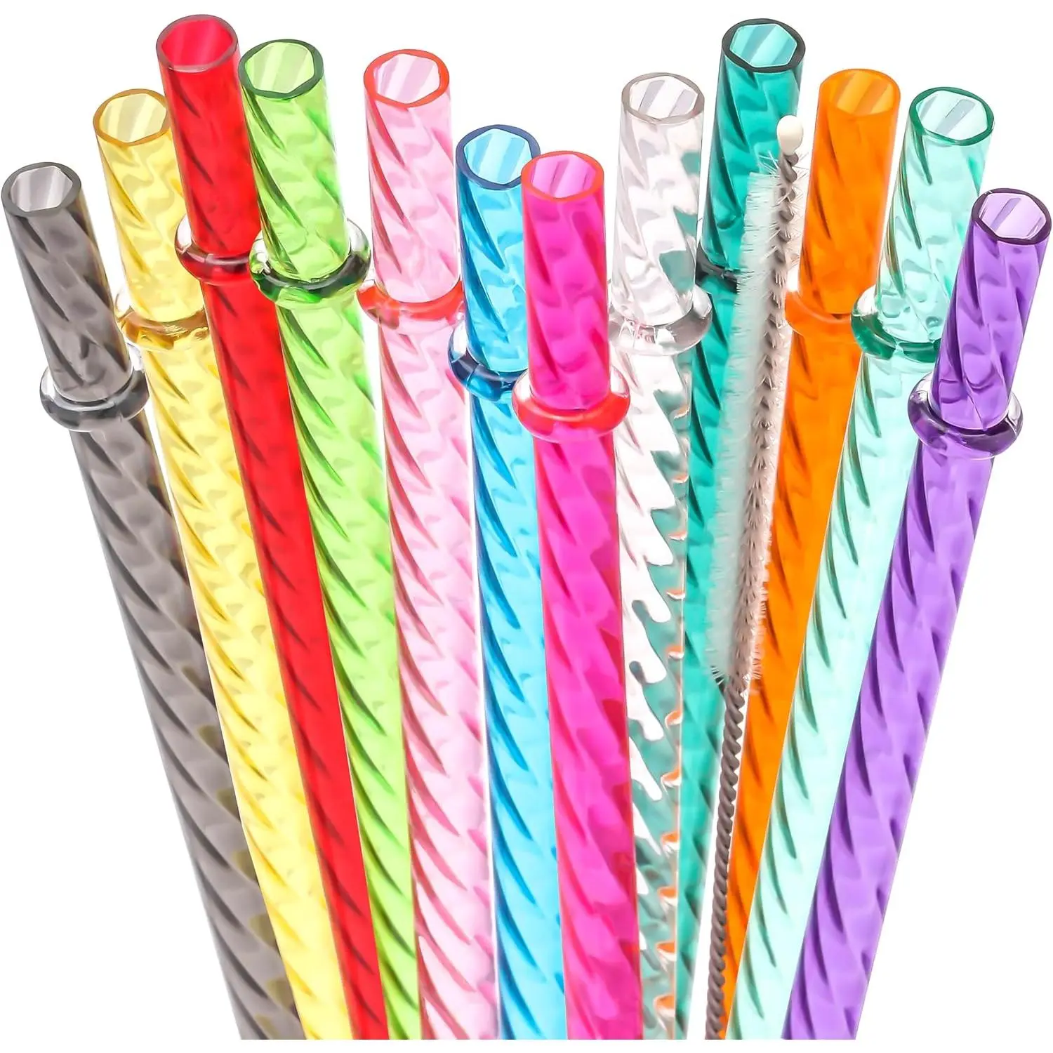 12 Inch  Clear Plastic Swirl Drinking Straws for  30 oz & 40 oz Jars/Tumblers,Set of 12 count  Straws with Cleaning Brush (12inch,12color)